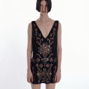 Zara Embroidered Black Velvet Mini Dress
